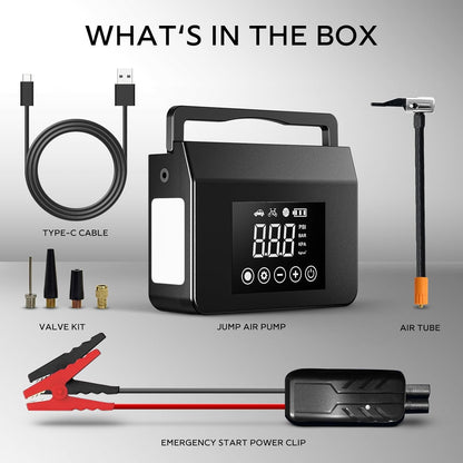 4000A Portable Jump Starter with Air Compressor, 12V Car Battery Power (All Gas 8L Diesel) with 150PSI Tire Inflator 15000Mah Powerbank & Quick Charge, Flashlight, Emergency Kit for Car, Truck
