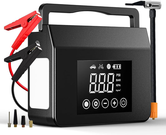 4000A Portable Jump Starter with Air Compressor, 12V Car Battery Power (All Gas 8L Diesel) with 150PSI Tire Inflator 15000Mah Powerbank & Quick Charge, Flashlight, Emergency Kit for Car, Truck