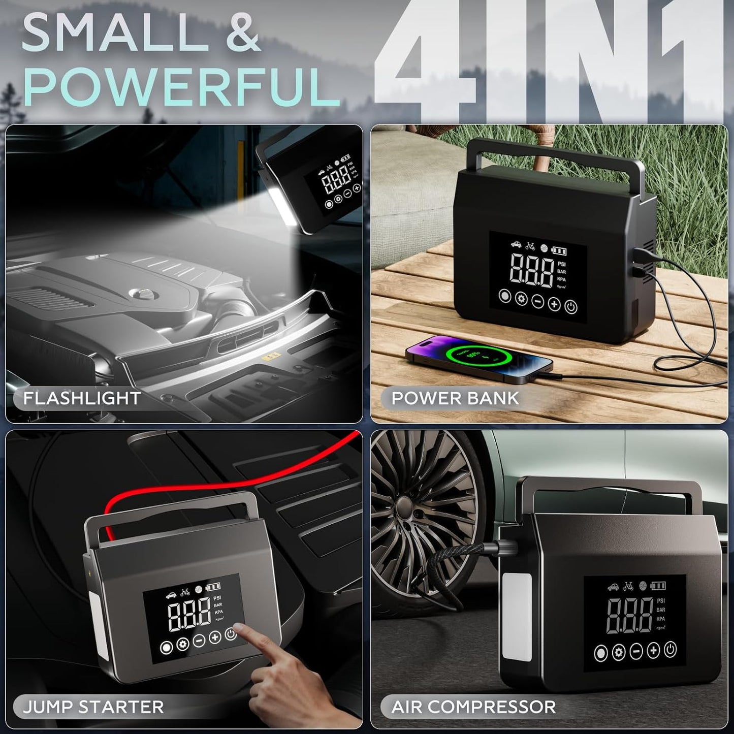 4000A Portable Jump Starter with Air Compressor, 12V Car Battery Power (All Gas 8L Diesel) with 150PSI Tire Inflator 15000Mah Powerbank & Quick Charge, Flashlight, Emergency Kit for Car, Truck